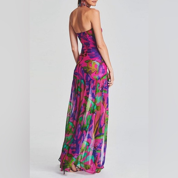 Vibrant Y2K Style Tropical Print Sheer Strapless Maxi Dress - Picture 3 of 4